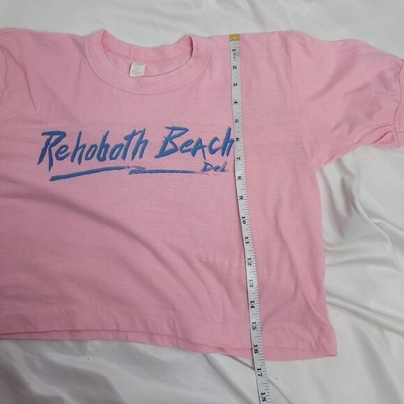 VINTAGE‎ 80s crop top t-shirt pink single stitch ringer Rehoboth Beach M - Picture 9 of 9